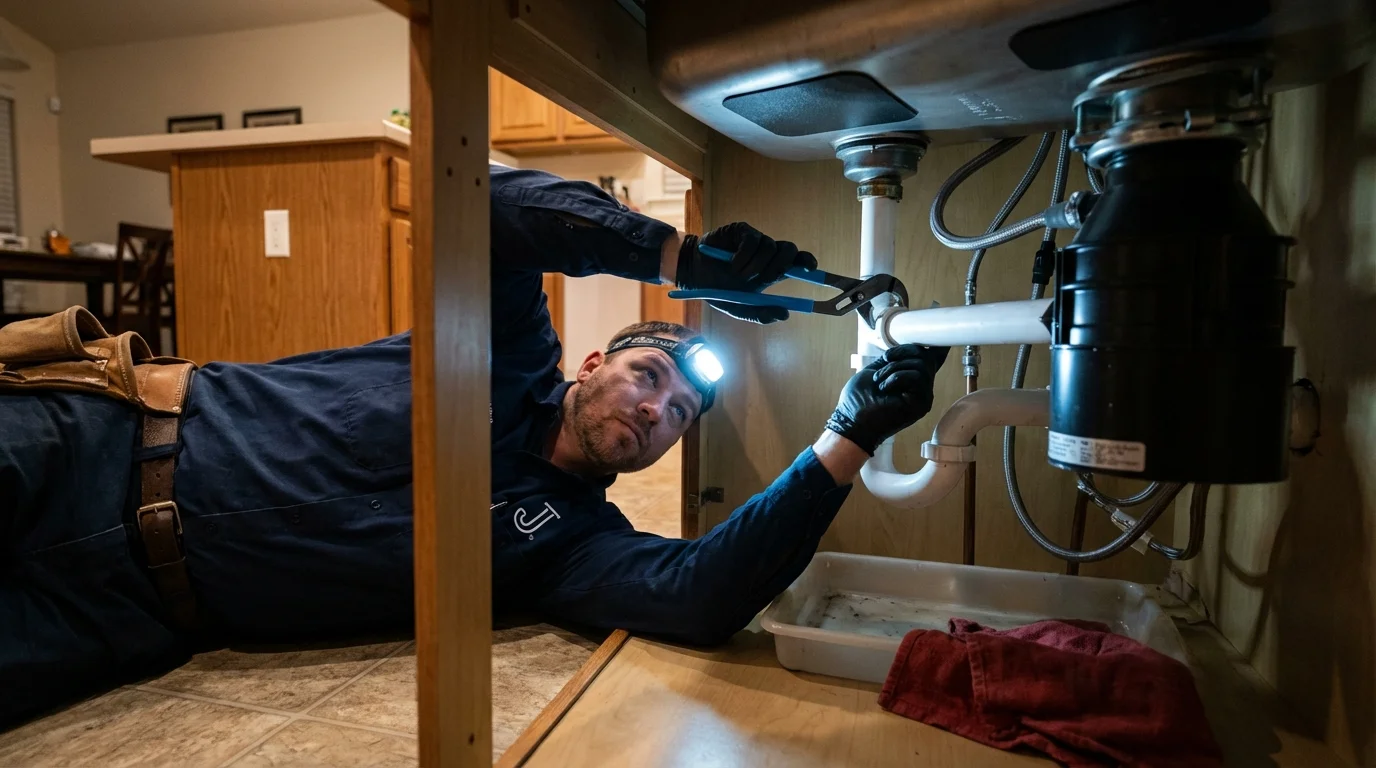 P-trap and supply line connections under a kitchen sink showing a common leak point in Sherrills Ford, NC